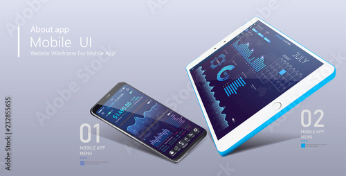 3d isometric web banner smartphone, tablet with mobile. Clean Mobile UI Design Concept. Trendy Mobile Banking.