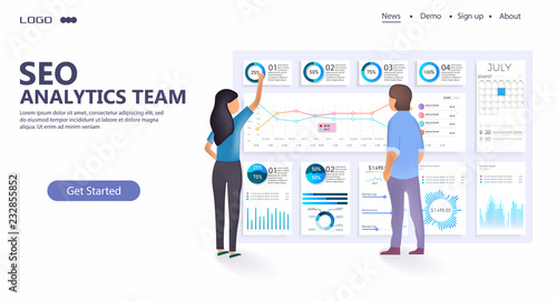 Modern flat design  concept of Seo Optimization for website and mobile website. SEO analytics team landing page.