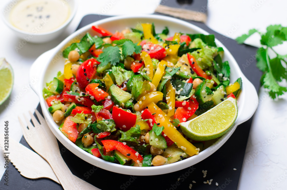 Fresh Vegetable Salad, Healthy Vegan Meal with Avocado, Chickpea, Bell Pepper, Cucumber and Spinach