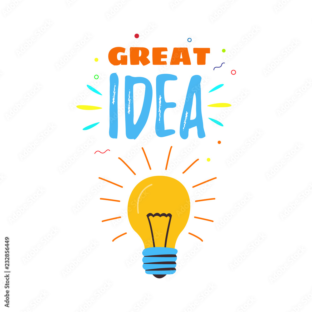 The lamp is shining. The inscription is a great idea. Cartoon vector. Concept of creative idea.
