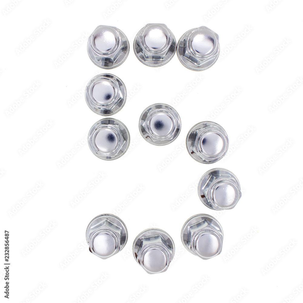 number five - lined with wheel nuts. Car part for auto shop. number five - lined with wheel nuts. Car part for auto shop.