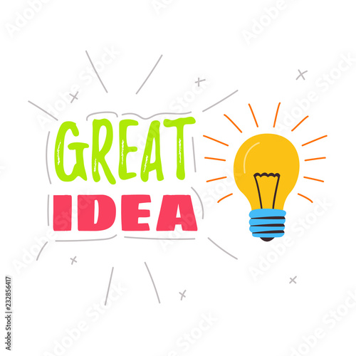 The lamp is shining. The inscription is a great idea. Cartoon vector. Concept of creative idea.