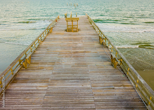 Aerial drone image of a hurricane Storm damaged Fishing pier on the Atlantic Ocean off the South Carolina Coast