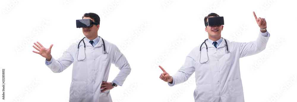 Doctor wearing a vr virtual reality headset isolated on white ba Doctor wearing a vr virtual reality headset isolated on white ba