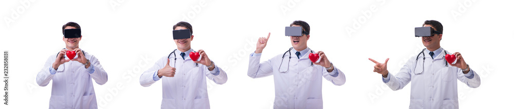 Doctor wearing a vr virtual reality headset isolated on white ba Doctor wearing a vr virtual reality headset isolated on white ba