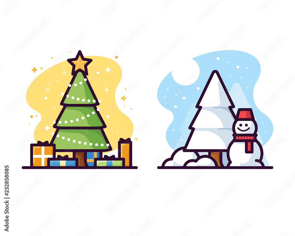 Christmas trees and snowman vector illustrations