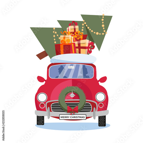 Flat vector cartoon illustration of retro car with gift boxes, snow and christmas tree on the roof on white background. Little classic red with driver. Vehicle is located in front with wreath.