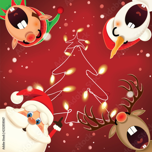 Merry Christmas-Santa Claus,Reindeer,Snowman and Elf singing Christmas carol in the winter snow scene