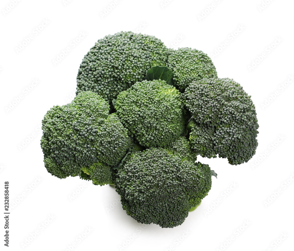 Fresh broccoli isolated on white background, top view Fresh broccoli isolated on white background, top view