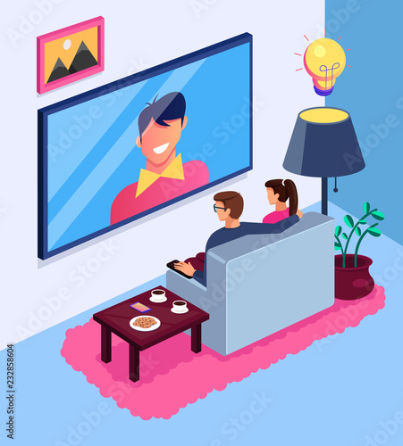 Couple man and woman character watching TV show news sitting on sofa in living room home. House modern interior concept. Vector flat cartoon isolated illustration