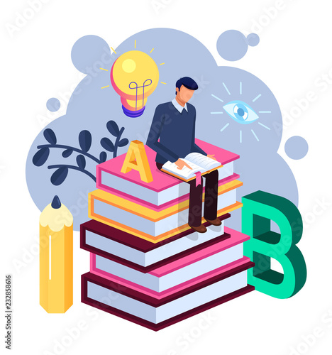 Happy smiling student man boy character reading book and sitting on big books pile. Education learning read concept. Vector flat cartoon isolated illustration