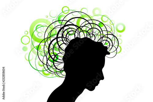 Black head silhouette profile and hairs with green circles