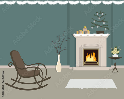 Living room with fireplace, decorated with Christmas decorations. The room has a rocking chair, a vase with decorative branches, Christmas tree with balls and boxes with gifts. Vector illustration