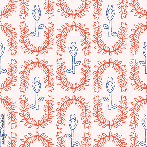 Stylized Dutch Tulip Trellis Seamless Vector Pattern. Folk Leaves Quilt. Hand Drawn Boho Scandi Style Illustration for Trendy Damask Textiles Prints, Decorative Garden Packaging. All Over Vintage Red