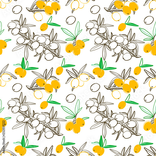 Sea buckthorn branch seamless pattern. Hand drawn berry illustration. Sketch style vector. Elements for menu, greeting cards, wrapping paper, cosmetics packaging, posters etc