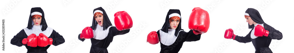 Nun with boxing gloves isolated on white Nun with boxing gloves isolated on white