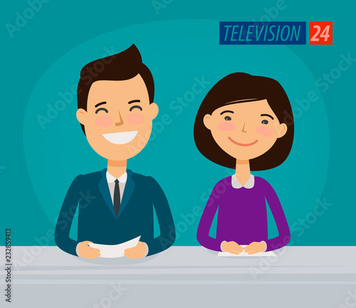 Tv, television concept. News announcer in the studio. Cartoon vector illustration