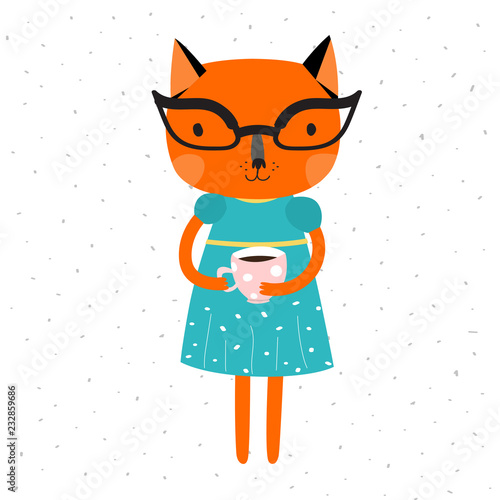 Orange Cat in a blue dress with yellow belt and glasses, holding a cup of coffe.