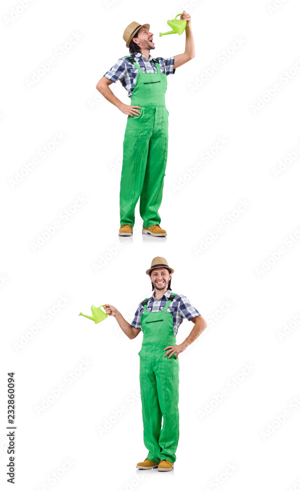 Young cheerful gardener with watering can isolated on white Young cheerful gardener with watering can isolated on white
