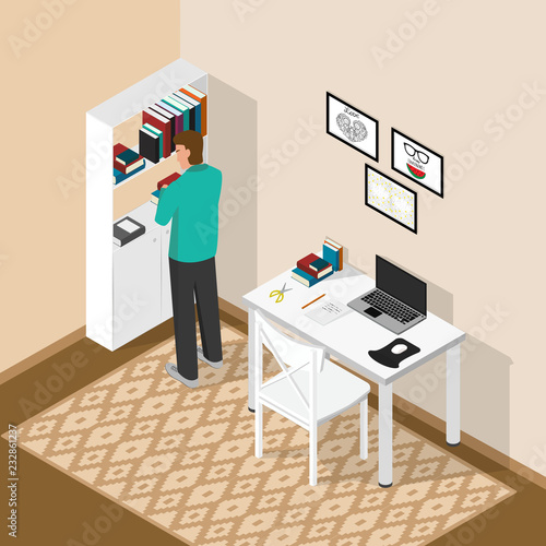 Isometric workplace in the room. Computer desk with laptop and books. A guy is standing near a bookshelf choosing a book