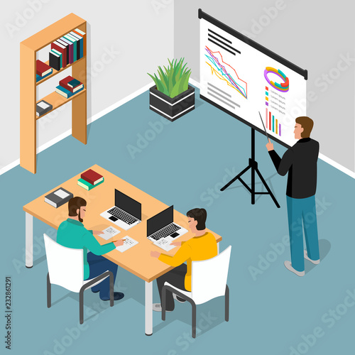 Isometric office. Concept of business meeting, exchange ideas and experience, coworking people,collaboration and discussion,vector illustration