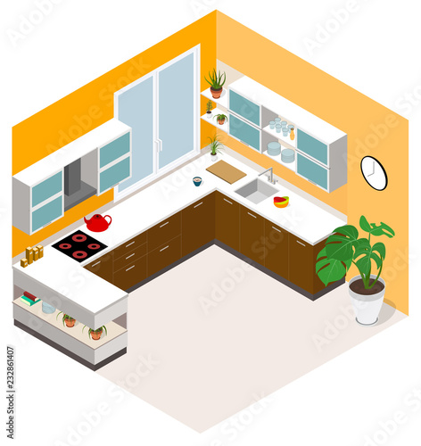 Isometric kitchen design. Vector isometric low poly kitchen room icon.