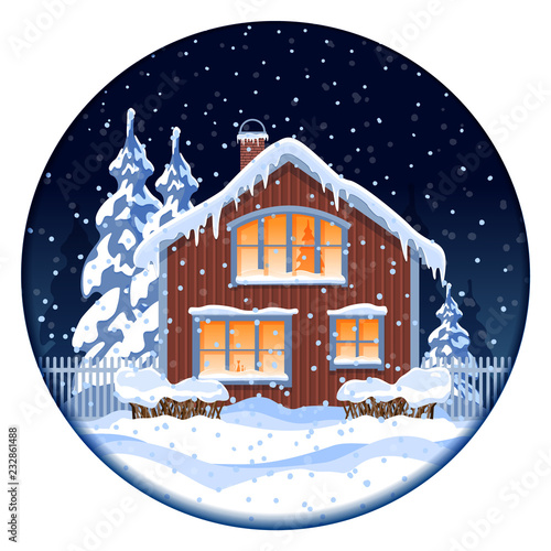 Winter house at night in the woods. Illustration for the new year and Christmas. Vector