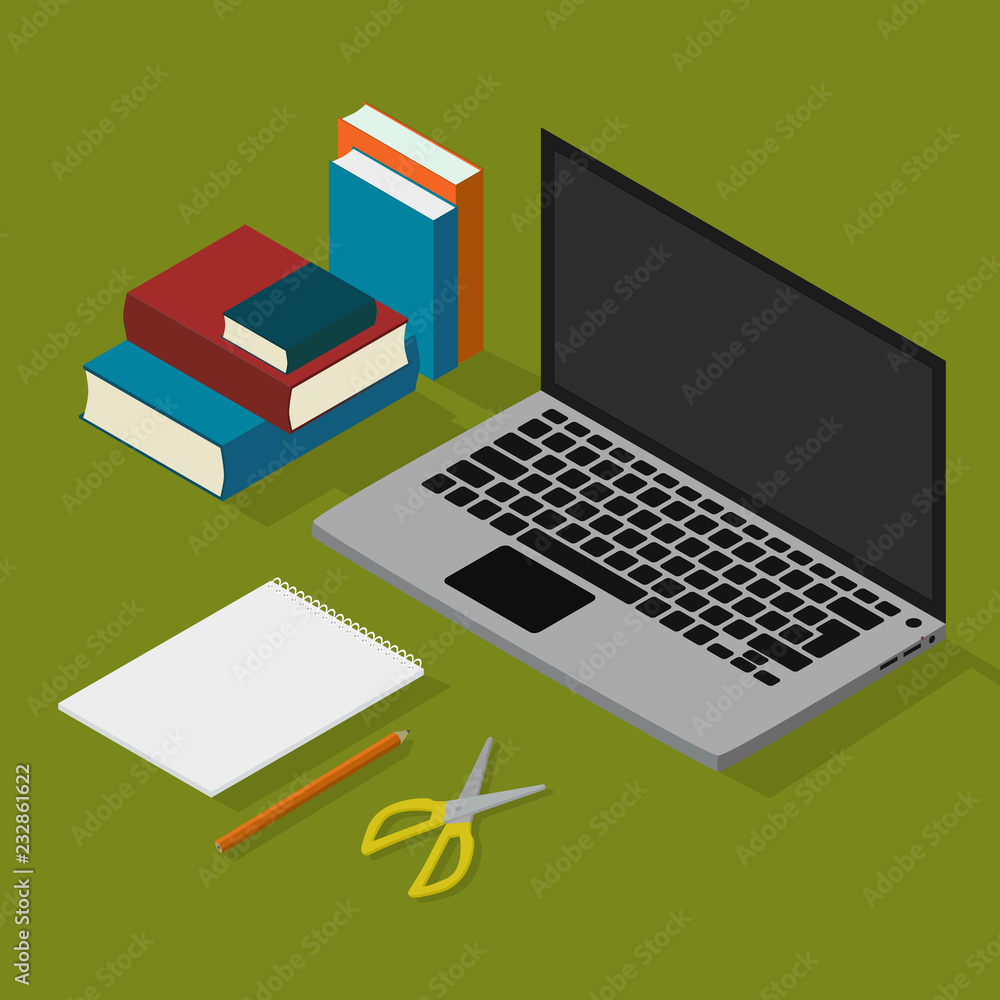 Flat isometric elements. Laptop, papers, books, scissors, pencil icon set. Flat isometric elements. Laptop, papers, books, scissors, pencil icon set.