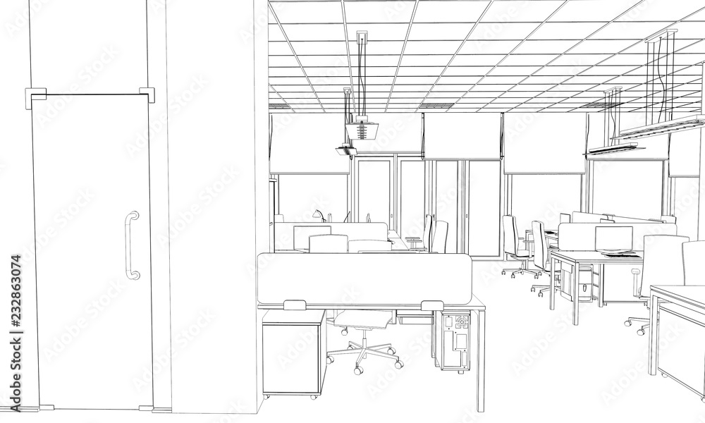 Fototapeta premium office contour visualization, 3D illustration, sketch, outline