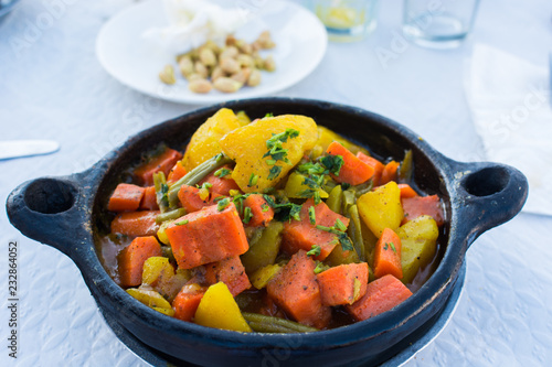 Berber tajin, made with lamb, potatoes, carrots and moroccan spices. delicious African food.