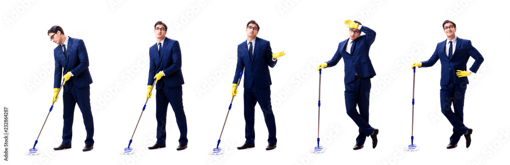 Young handsome businessman with mop isolated on white Young handsome businessman with mop isolated on white