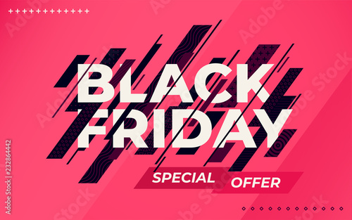 Black friday sale banner. Social media web banner for shopping, sale, product promotion. Template in a fashionable style. Dark blue dynamic lines on red background. Vector illustration
