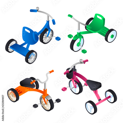 Tricycle icon set. Isometric set of tricycle vector icons for web design isolated on white background