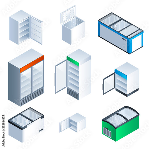 Freezer icon set. Isometric set of freezer vector icons for web design isolated on white background
