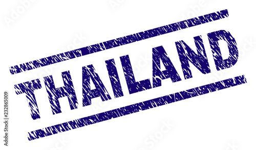 THAILAND seal print with distress style. Blue vector rubber print of THAILAND label with grunge texture. Text label is placed between parallel lines.