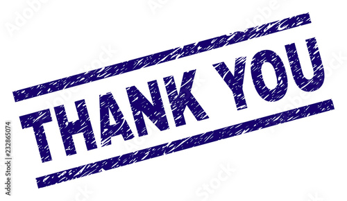 THANK YOU seal print with distress style. Blue vector rubber print of THANK YOU text with retro texture. Text title is placed between parallel lines.
