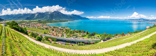 Canvas-taulu Panorama view of Montreux city with Swiss Alps, lake Geneva and vineyard on Lava