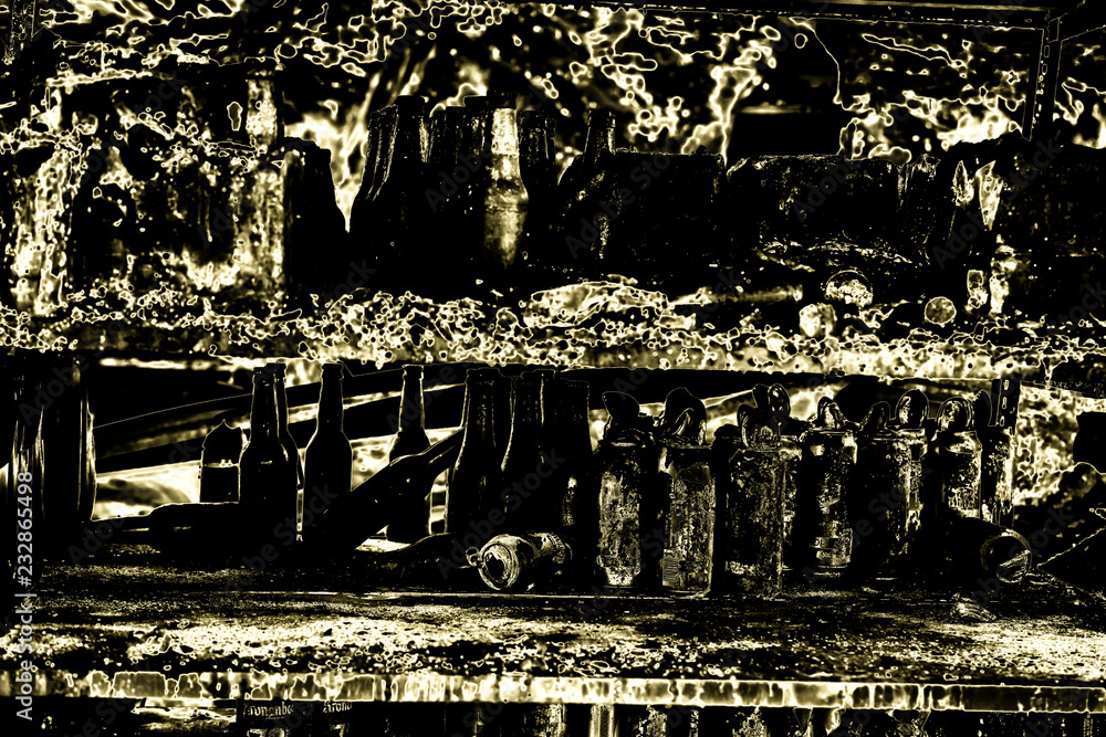 Naklejka premium Close up Burned damaged ruins of destroyed bottles supermarket arson investigation insurance