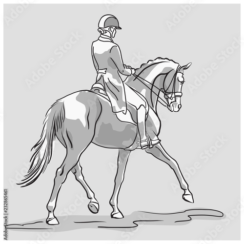 The monochrome illustration of a dressage rider on a horse executing the half pass.	