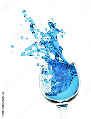 glass with blue cocktail splash isolated on white background, 3d illustration