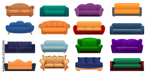 Room sofa icon set. Cartoon set of room sofa vector icons for web design