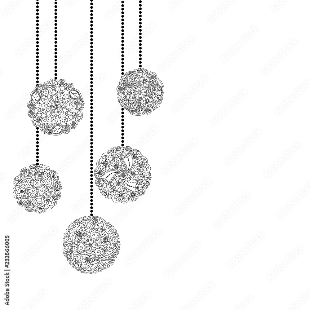 Vector decorative Christmas card with tree ball from floral doodle elements on white background. Christmas coloring page book for adult Vector decorative Christmas card with tree ball from floral doodle elements on white background. Christmas coloring page book for adult