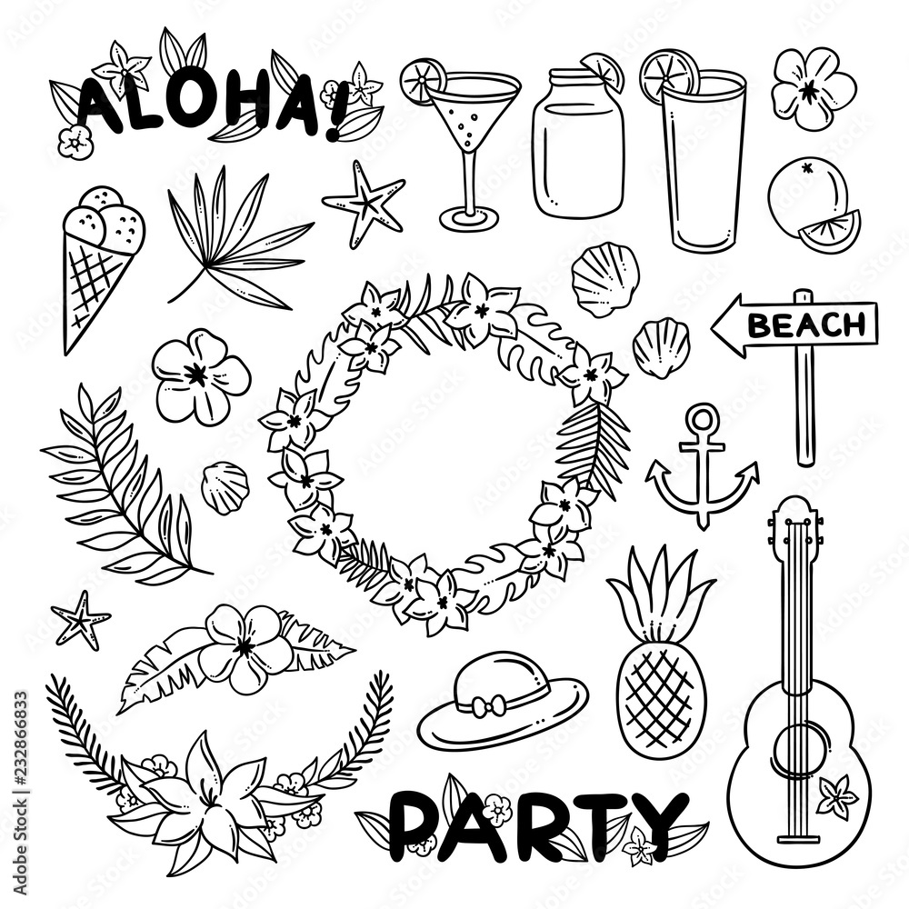 Beach party hand drawn set. Outline hawaii illustrations on white