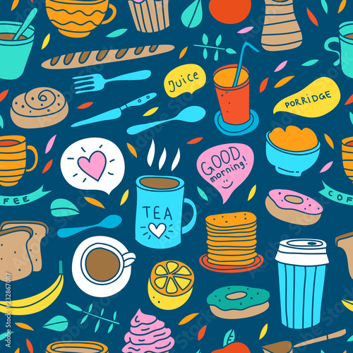 Breakfast food seamless pattern. Vector background with doodle food and drink illustrations