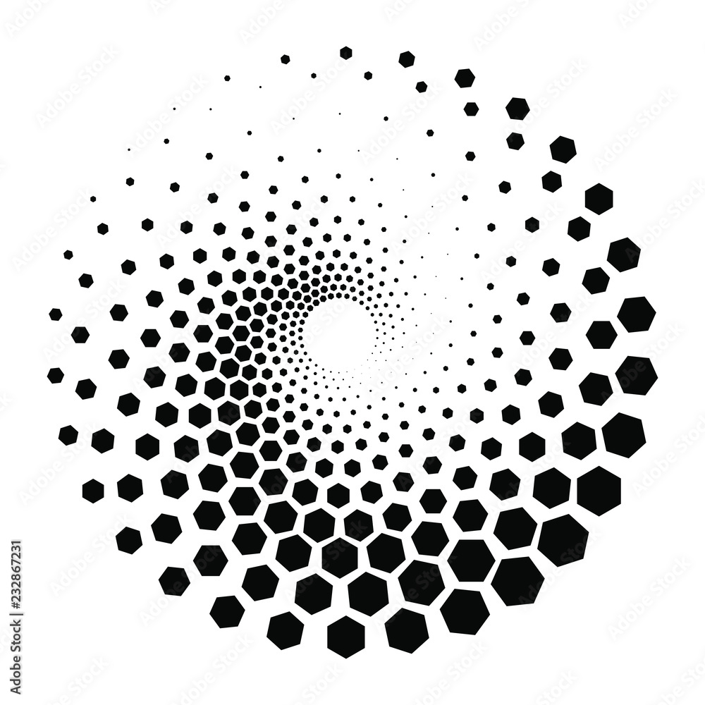 Abstract Black and White Geometric Pattern with Hexagons. Spiral-like Spotted Tunnel. Contrasty Optical Psychedelic Illusion.