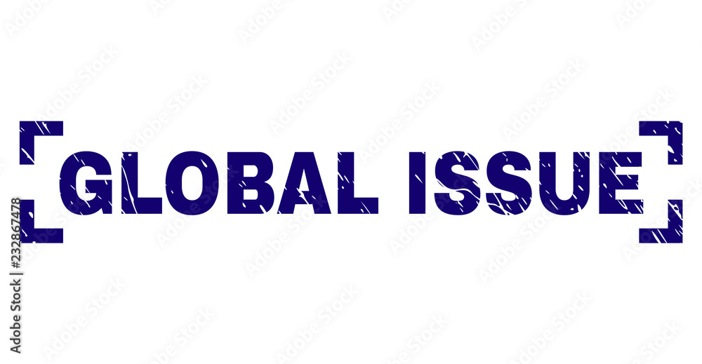 GLOBAL ISSUE caption seal imprint with grunge texture. Text caption is placed inside corners. Blue vector rubber print of GLOBAL ISSUE with scratched texture.