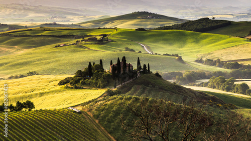 Fotografie, Obraz Tuscany Toscana landscape with traditional farm house, hills and meadow