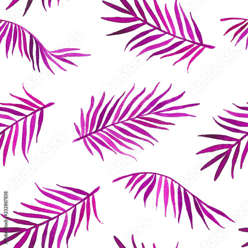 Watercolor seamless pattern with purple palm leaves