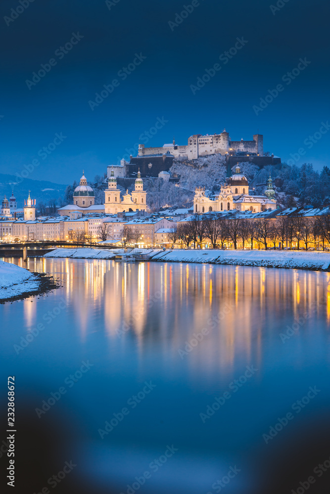 Salzburg old town at twilight in winter, Austria