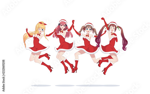 Joyful anime manga girls as Santa Claus in a jump